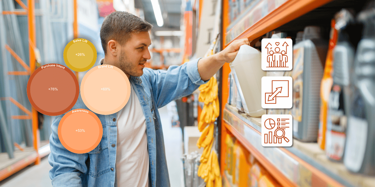 A man selecting a product from a shelf, demonstrating insights from brand awareness research, with a comparison chart and icons showcasing brand awareness studies and market research services.
