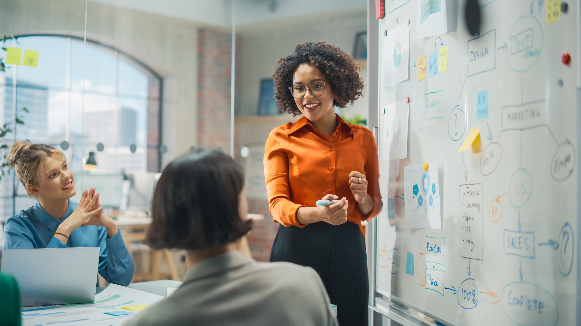 Businesswoman presenting a strategic plan on a board to a group of attentive professionals seated around a conference table.